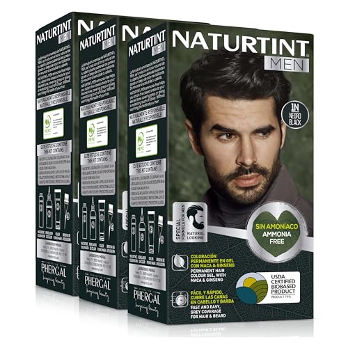 Naturtint Men | Permanente Haarfarbe Ohne Ammoniak Speziell für Männer | 100% Grauabdeckung | Natürliche und Langanhaltende Farbe | Natürliche Inhaltsstoffe | 1N Schwarz | Packung mit 3 von Naturtint