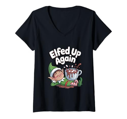Damen Elfed Up Again Lustige heiße Elfenschokolade T-Shirt mit V-Ausschnitt Damen Elfed Up Again Lustige heiße Elfenschokolade T-Shirt mit V-Ausschnitt von Naughty Elf Elfed Up Christmas Humor apparel Co