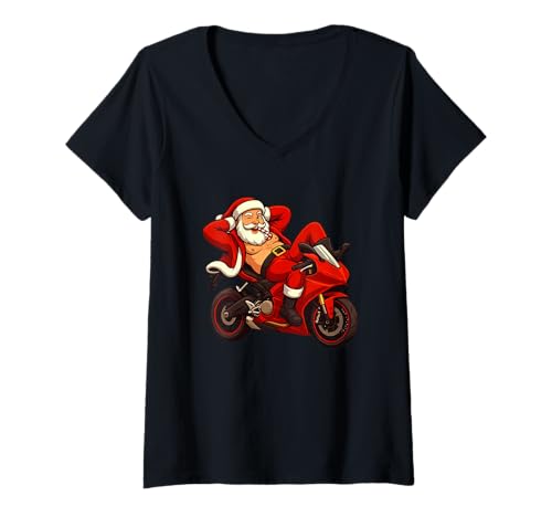 Damen Heißes Motorradrennen mit diesem coolen Weihnachtsmann-Kostüm T-Shirt mit V-Ausschnitt Damen Heißes Motorradrennen mit diesem coolen Weihnachtsmann-Kostüm T-Shirt mit V-Ausschnitt von Naughty Santa Outfit