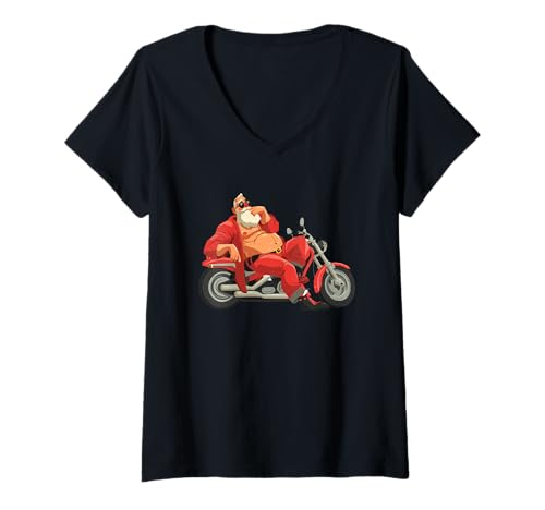 Damen Lustiger heißer Weihnachtsmann mit Motorrad für freche Weihnachtstage T-Shirt mit V-Ausschnitt Damen Lustiger heißer Weihnachtsmann mit Motorrad für freche Weihnachtstage T-Shirt mit V-Ausschnitt von Naughty Santa Outfit