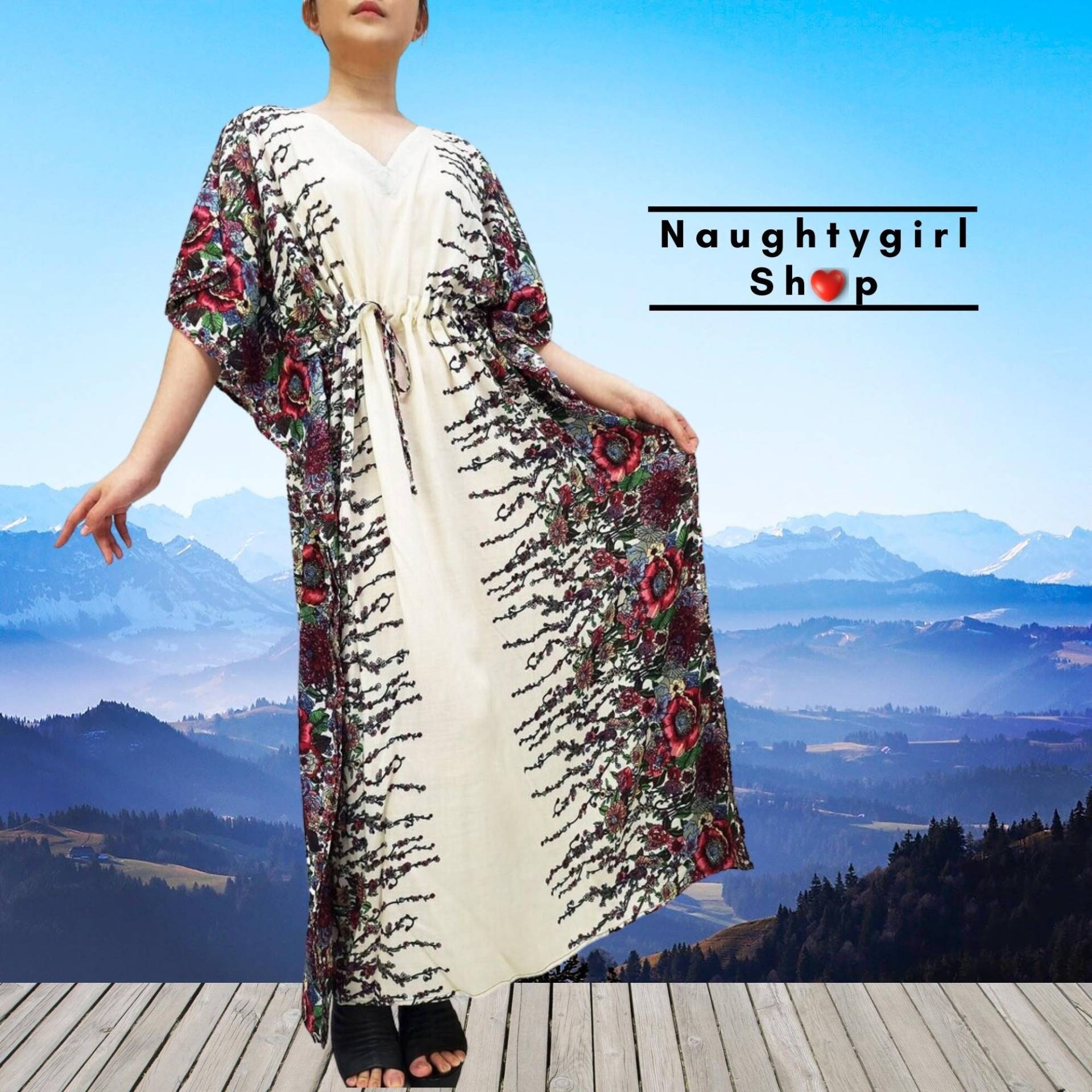 Blumen-Creme-Viskose-Kaftan, Strand-Kaftan, Plus Size V-Ausschnitt, Langes Kleid, Maxi-Kleid-Tunika-Strand-Abdeckung, Oben Gedruckte Wrap von NaughtyGirlShop