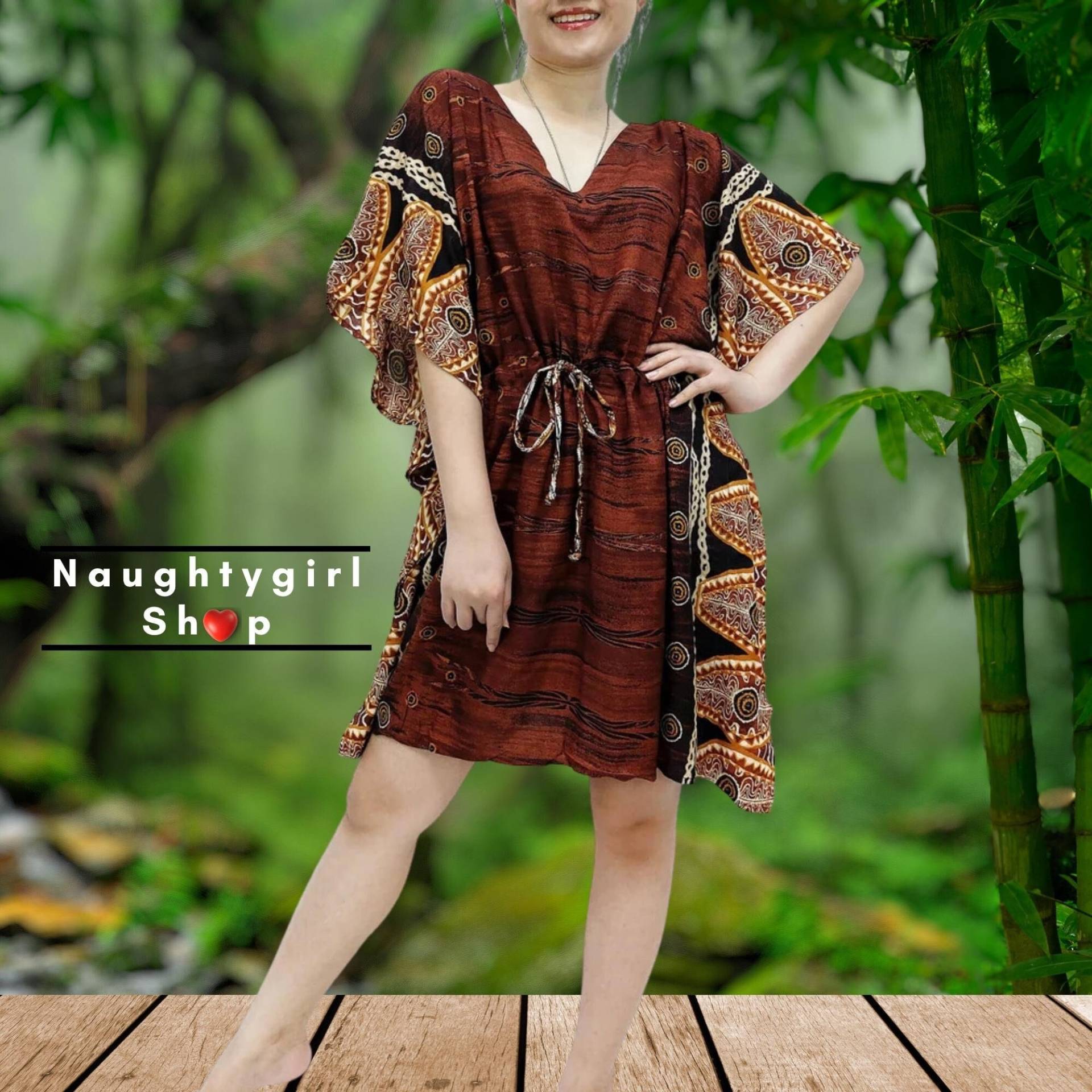 Brauner Rayon Kaftan, Strandkaftan, Übergröße V-Ausschnitt Kurzes Kleid, Minikleid, Tunika Strand Decken, Gedruckt Wrap Boho Kleidung, Kps51 von NaughtyGirlShop