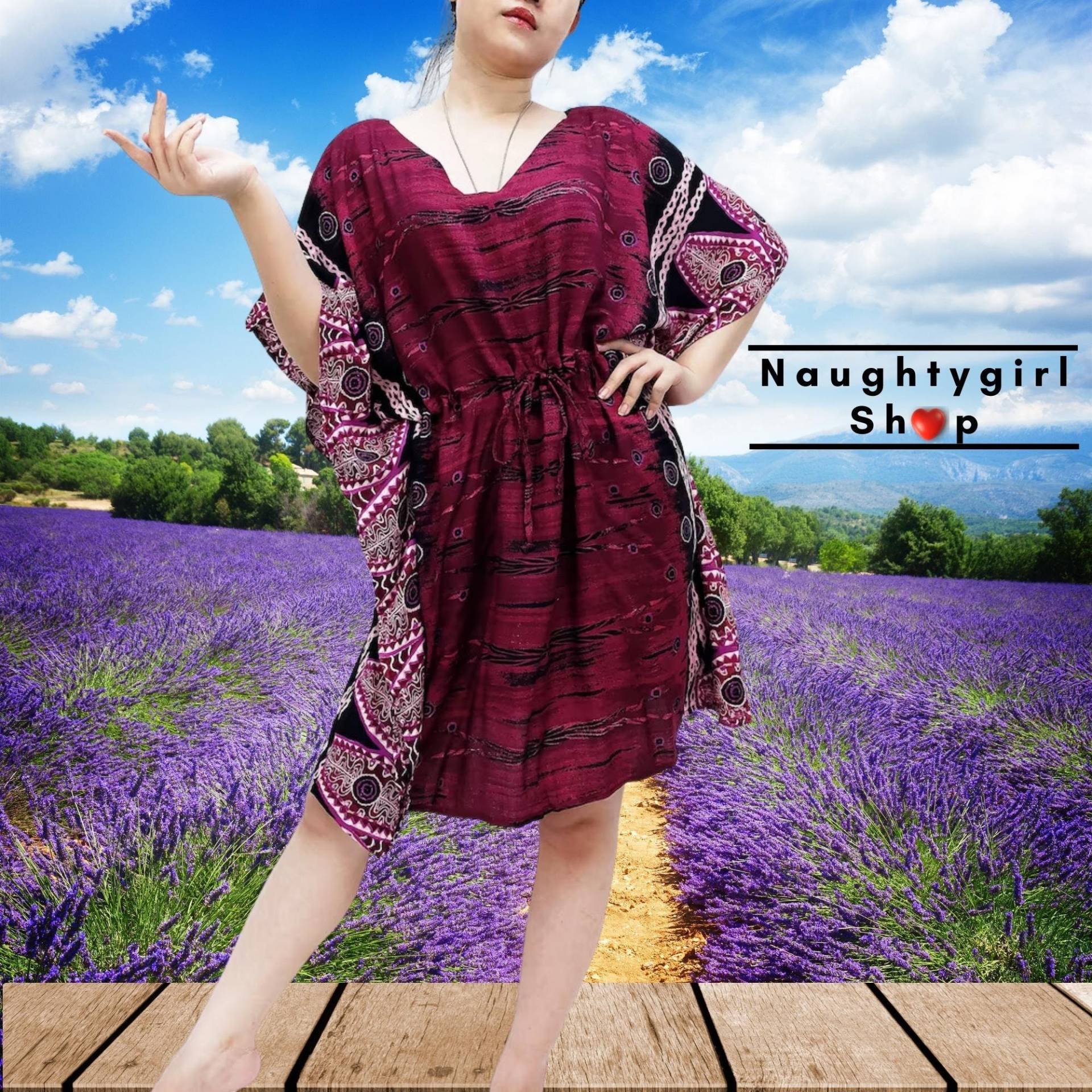 Dunkelroter Rayon Kaftan, Strandkaftan, Übergröße V-Ausschnitt Kurzes Kleid, Minikleid, Tunika Strand Decken, Gedruckt Wrap Boho Kleidung, Kps45 von NaughtyGirlShop