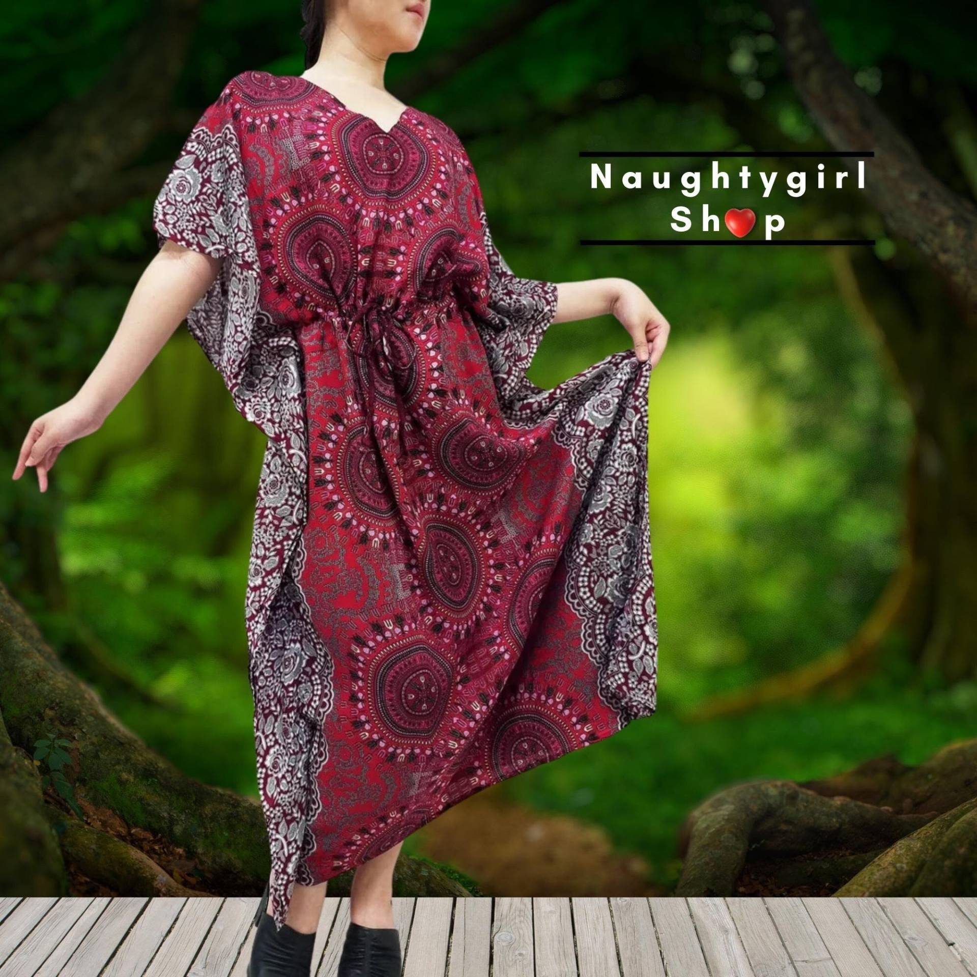 Roter Rayon Kaftan, Strandkaftan, Übergröße V-Ausschnitt, Langes Kleid, Maxikleid-Tunika-Strand-Abdeckung, Gedruckt, Boho-Kleidung, Mandala Kpl33 von NaughtyGirlShop