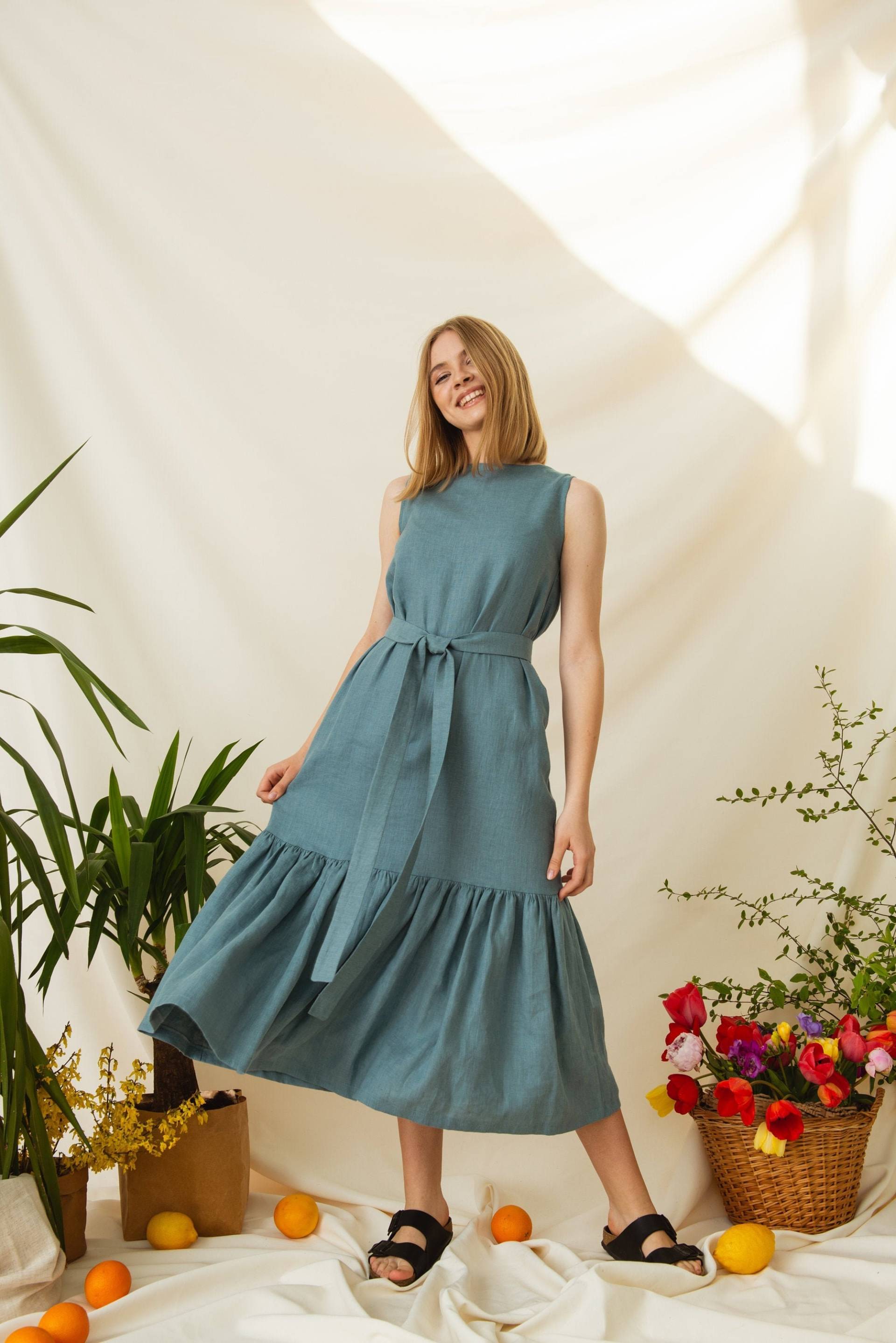 Kleid Mit Gürtel, Maxikleid, Taschen, Boho Flachskleidung Kleid Mit Gürtel, Maxikleid, Taschen, Boho Flachskleidung von NauraStudio