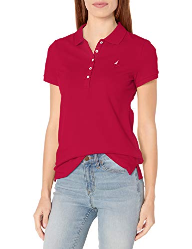 Nautica Damen 5-Button Short Sleeve Breathable 100% Cotton Polo Shirt Poloshirt, Nautisches Rot, Mittel von Nautica