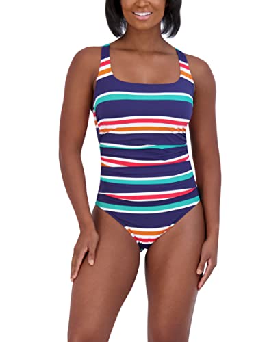 Nautica Damen Badeanzug Standard Crossback Bauchkontrolle Schnelltrocknend Abnehmbare Passform Verstellbare Träger, Prep Stripe Multi, L von Nautica