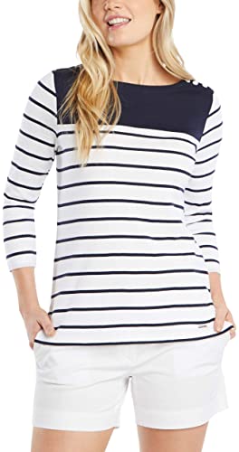 Nautica Damen Breton Striped 3/4 Sleeve Pure 100% Cotton Shirt Hemd, Navy, XX-Large von Nautica