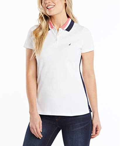 Nautica Damen Klassisches Poloshirt aus Stretch-Baumwolle mit V-Ausschnitt und Streifen Polohemd, Weiß Marineblau, Mittel von Nautica