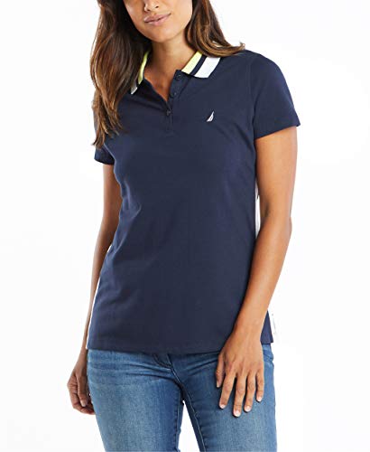 Nautica Damen Classic Fit Poloshirt mit gestreiftem Kragen, Stretch-Baumwolle Polohemd, Marineblau, X-Groß von Nautica