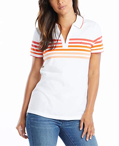 Nautica Damen Classic Fit Striped V-Neck Collar Stretch Cotton Polo Shirt Poloshirt, Hibiskus, X-Groß von Nautica