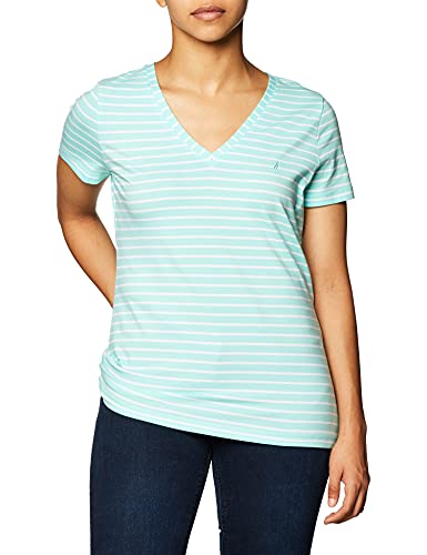 Nautica Damen Easy Comfort V-Neck Striped Supersoft Stretch Cotton T-Shirt, Blau-Aruba Blue, Groß von Nautica