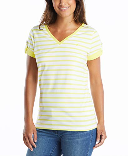 Nautica Damen Easy Comfort V-Neck Striped Supersoft Stretch Cotton T-Shirt, Lemon Twist, Mittel von Nautica