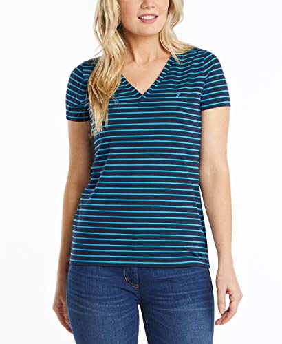 Nautica Damen Easy Comfort V-Neck Striped Supersoft Stretch Cotton T-Shirt, Leuchtendes Blau, X-Groß von Nautica