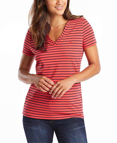 Nautica Damen Easy Comfort V-Neck Striped Supersoft Stretch Cotton T-Shirt, Rose Coral, XX-Large von Nautica