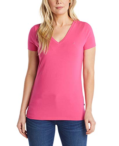 Nautica Damen Easy Comfort superweicher Stretch-Baumwolle mit V-Ausschnitt T-Shirt, Magenta, Groß von Nautica