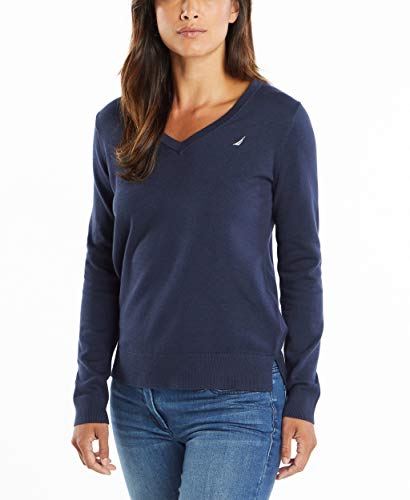 Nautica Damen Effortless J-Class Long Sleeve 100% Cotton V-Neck Sweater Pullover, Navy, XX-Large von Nautica