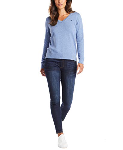 Nautica Damen Effortless J-Class Long Sleeve 100% Cotton V-Neck Sweater Pullover, Schieferblau meliert, X-Groß von Nautica