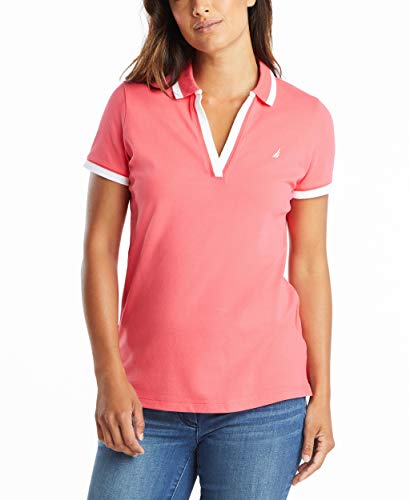 Nautica Damen Klassische Passform, gestreifter V-Ausschnitt, Stretch-Baumwolle Polohemd, Rouge Pink, Groß von Nautica