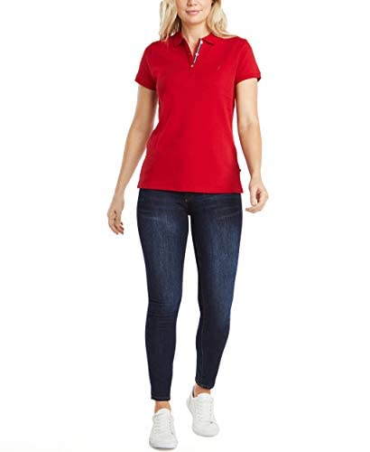 Nautica Damen Poloshirt mit 3 Knöpfen, kurzärmelig, atmungsaktiv, 100% Baumwolle Polohemd, Nautisches Rot, X-Klein von Nautica