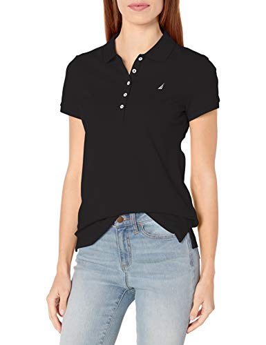 Nautica Damen Poloshirt mit 5 Knöpfen, kurzärmelig, atmungsaktiv, 100% Baumwolle Polohemd, True Black, X-Klein von Nautica