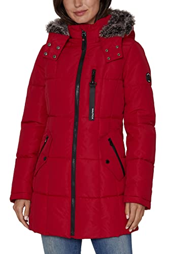 Nautica Damen Schwere Pufferjacke mit Kunstfell gefütterter Kapuze Jacke, Nautisches Rot, M von Nautica