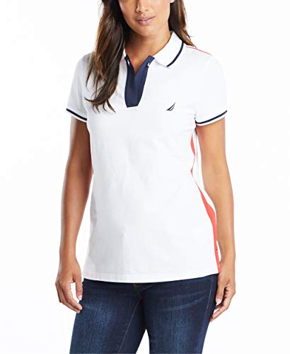 Nautica Damen Toggle Accent Short Sleeve Soft Stretch Cotton Polo Shirt Poloshirt, Bright White, Klein von Nautica