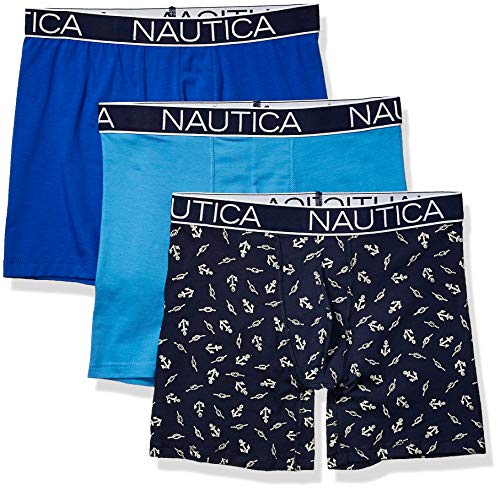 Nautica Herren 3er-Pack Klassische Boxershorts aus Baumwoll-Stretch Retroshorts, Aero Blue/Sea Cobalt/Anchor Printpeacoat, Medium von Nautica