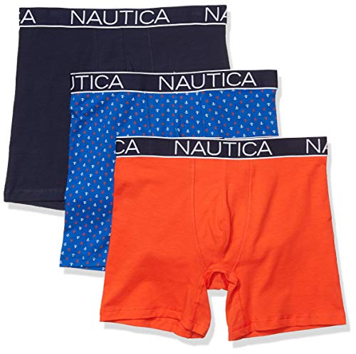 Nautica Herren 3er-Pack Klassische Boxershorts aus Baumwoll-Stretch Retroshorts, Peacoat/Orange Poppy/Anchor Print Cobalt, Large von Nautica