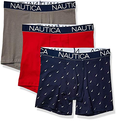 Nautica Herren 3er-Pack Klassische Boxershorts aus Baumwoll-Stretch Retroshorts, Rot/Platingrau/Sail Printpeacoat, X-Large von Nautica