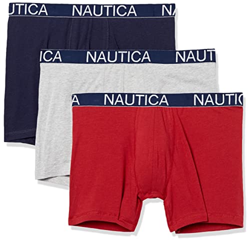 Nautica Herren 3 Pack Cotton Stretch Boxer Brief Retroshorts, Peacoat/Heather Grey/Nautica Red, L EU von Nautica