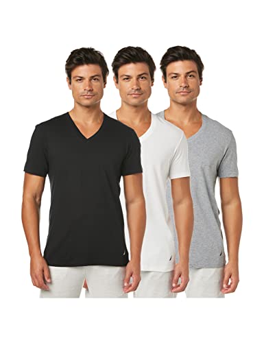 Nautica Herren 3-Pack Cotton V-Neck T-Shirt Unterwsche, Weiß/Schwarz/Grau – 3er-Pack, Groß von Nautica