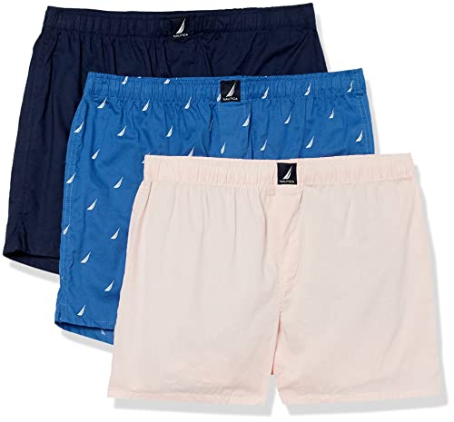 Nautica Herren Baumwolle, gewebt, 3 Stück Boxershorts, Peacoat/Oasis Pink/Sails Bolt Blue, X-Large von Nautica