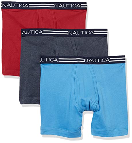 Nautica Herren Classic Cotton 3-Pack Boxer Briefs Retroshorts, Peacoat Heather/Rhabarberrose/Regatta, Medium von Nautica