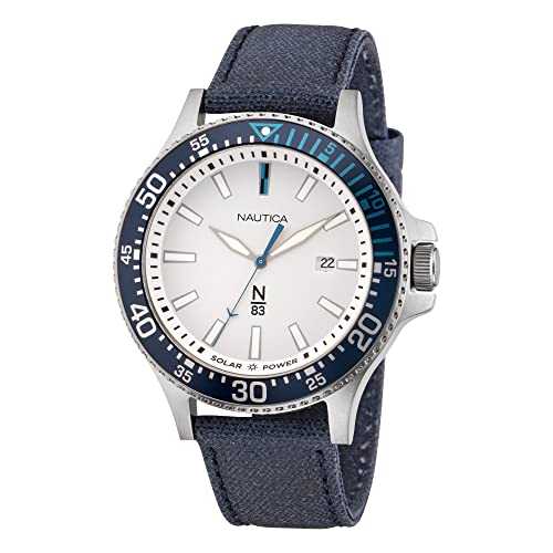 Nautica N83 Herren N83 Cocoa Beach Blue Recycled Cotton Canvas Strap Watch (Model: NAPCBF203), Silber/Weiß/Blau, Silber/Weiß/Blau, Gurt von Nautica