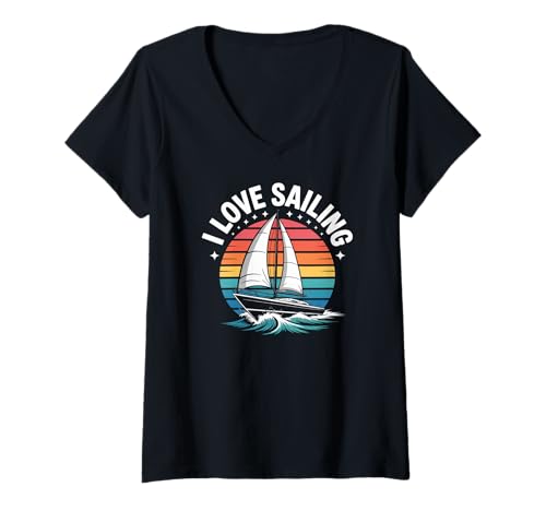 Damen Ich liebe Segeln, Retro-Sonnenuntergangskunst T-Shirt mit V-Ausschnitt Damen Ich liebe Segeln, Retro-Sonnenuntergangskunst T-Shirt mit V-Ausschnitt von Nautical Adventures Sailing Enthusiasts