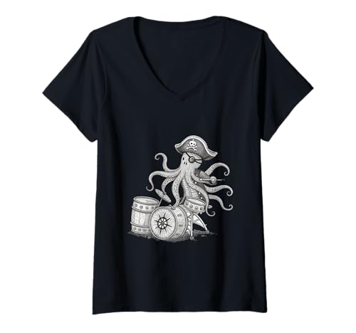 Damen Pirat Octopus Drummer Halloween Drum Illustration Art T-Shirt mit V-Ausschnitt Damen Pirat Octopus Drummer Halloween Drum Illustration Art T-Shirt mit V-Ausschnitt von Nautical Inkworks