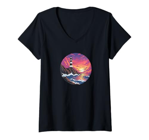 Damen Leuchtturm Meer Sonnenuntergang Wellen Comic Style T-Shirt mit V-Ausschnitt von Nautical Sunset Lighthouse Waves Art
