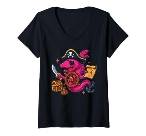 Damen Pirat-Muräne Kapitän – Rosa Cartoon Meerespirat mit Schwert T-Shirt mit V-Ausschnitt von Nautische Kunst und Meerespirat