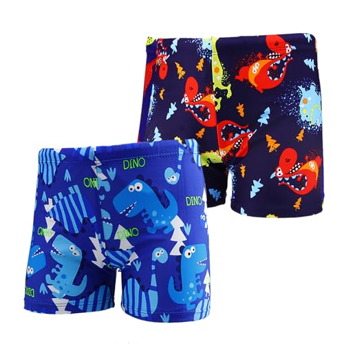 NautySaurs 2er-Pack Jungen Badehose 1–10 Jahre Kinder Bademode Dinosaurier Hai Shorts, Dinosaurier-Himmelblau + Dunkelblau, 4-6 Jahre von NautySaurs