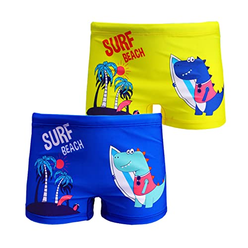 NautySaurs 2er-Pack Jungen Badehose 1-10 Jahre Kinder Bademode Kleinkind Kinder niedliche Dinosaurier Shorts, Surfender Dinosaurier, Blau und Gelb, 1-2 Jahre von NautySaurs