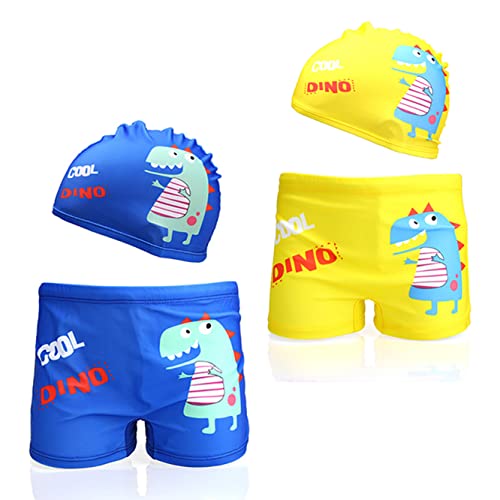 NautySaurs 2er-Pack Jungen Badehose Kostüm 1-11 Jahre Kinder Dinosaurier Bademode Badehose mit Kappe, Cooler Dinosaurier-Blau und Gelb, 5-7 Jahre von NautySaurs