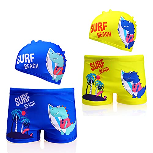 NautySaurs 2er-Pack Jungen Badehose Kostüm 1-11 Jahre Kinder Dinosaurier Bademode Badehose mit Kappe, Surfen Dinosaurier-blau & gelb, 9-11 Jahre von NautySaurs