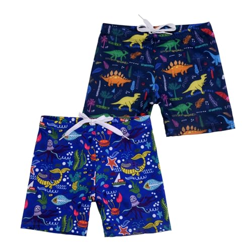 NautySaurs 2er-Pack Jungen-Badehosen, Kleinkinder, Dinosaurier-Badeshorts, süße Hai-Clownfisch-Bademode, 128-134, Dinosaurier + Unterwasserwelt, 8–9 Jahre von NautySaurs