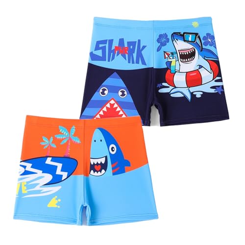 NautySaurs 2er-Pack Jungen Badeshorts 5-13 Jahre große Jungen Bademode Dinosaurier Kinder Badehose, Haifisch in Orange und Marineblau, 2-3 Jahre von NautySaurs