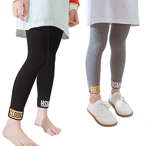 NautySaurs 2er-Pack Mädchen Leggings Herbst Winter Thermo Stretch volle Länge Baumwolle Einfarbig Hose für Kinder 2-11 Jahre, Schwarz / Grau, 8-11 Jahre von NautySaurs