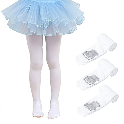 NautySaurs 3 Paar Mädchen Ballett-Tanzstrumpfhosen für den Sommer, dünne Leggings, weich, dehnbar, Schulstrumpfhosen für Kinder von 2–13 Jahren, Weiß, 3 Paar, 2-4 Years von NautySaurs