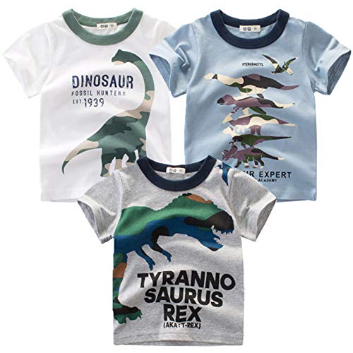 NautySaurs Jungen T-Shirts Kurzarm Sommer Tops Kleinkind Dinosaurier Auto Bagger Tees 3er-Pack für 1-6 Jahre, Dinosaurier Set 03, 6 Jahre von NautySaurs