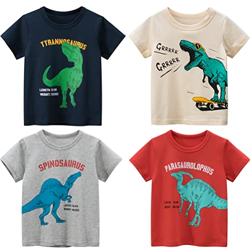 NautySaurs 4er-Pack Kleinkind Jungen T-Shirts mit Dinosaurier Hai Bagger LKW grafischen Kurzarm Tees, 6-Dinosaurier, 4 Jahre von NautySaurs