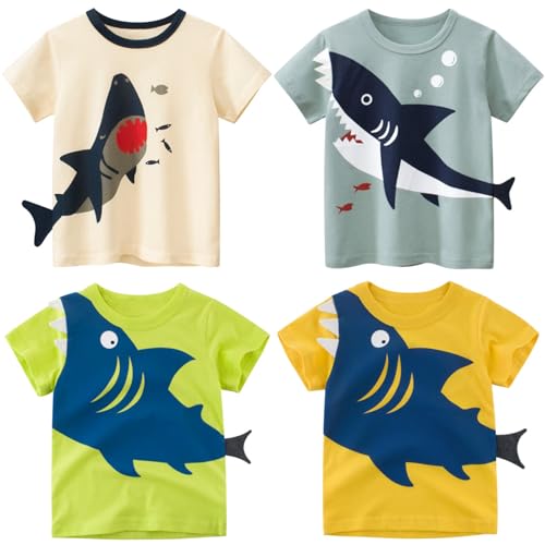 NautySaurs 4er-Pack Kleinkind Jungen T-Shirts mit Dinosaurier Hai Bagger LKW grafischen Kurzarm Tees, 7-Haie, 2 Jahre von NautySaurs